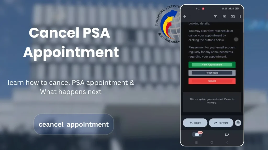 Cancel PSA Online Appointment | Cancel Now 4 Cancel PSA Appointment screen shows “Cancel PSA Appointment,” “View Appointment,” “Reschedule,” and “Cancel” buttons.