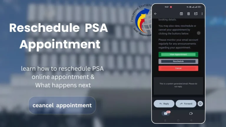 Reschedule PSA Appointment image shows the title and the text “learn how to reschedule PSA online appointment.