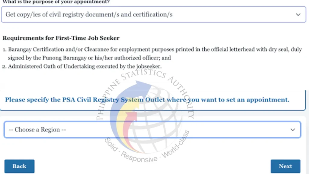 PSA appointment page shows appointment purpose, first-time job seeker requirements, and a PSA outlet selection menu.