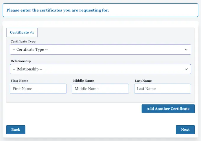 PSA certificate request form shows certificate type, relationship, name fields, and Add Another Certificate button.
