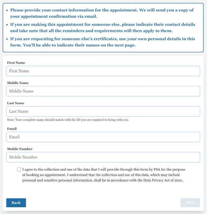 PSA online appointment form shows contact information fields, a data privacy agreement checkbox, and Back and Next buttons.