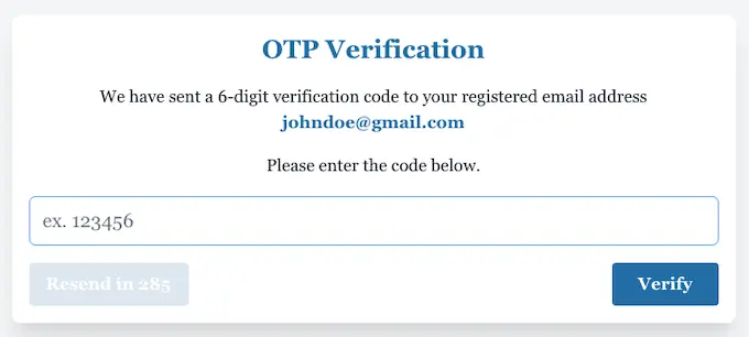 PSA OTP verification page shows a code entry field, Verify button, registered email, and resend countdown timer.