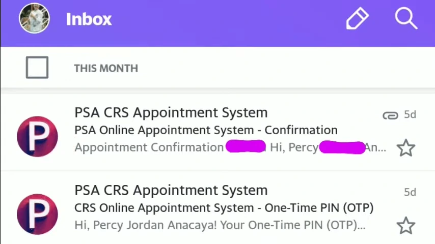 Cancel PSA Online Appointment | Cancel Now 1 PSA Appointment Confirmation email inbox shows two messages from PSA CRS Appointment System for confirmation.