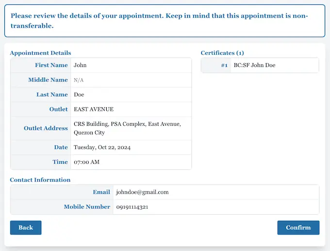PSA appointment confirmation page shows appointment details, contact information, certificate details, and a Confirm button.