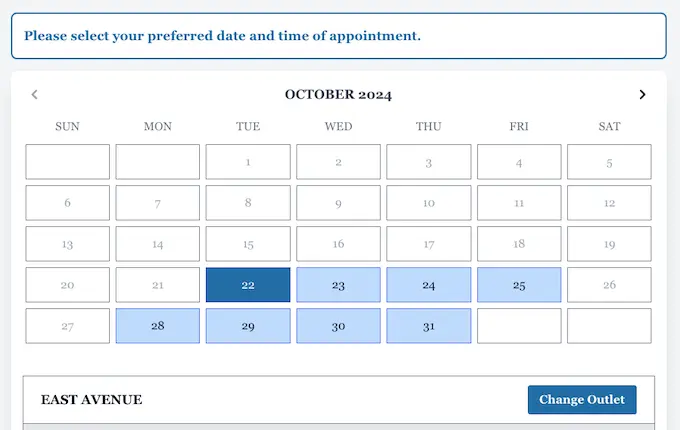 PSA appointment calendar shows available appointment dates, the EAST AVENUE outlet, and a Change Outlet button.